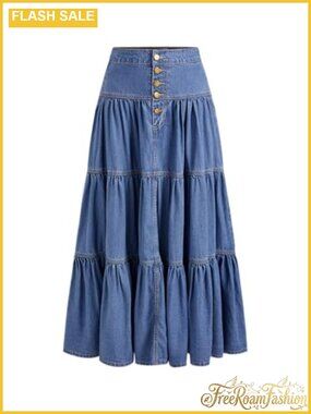 High Rise Tiered Denim Maxi Skirt Button Down Pockets Casual
